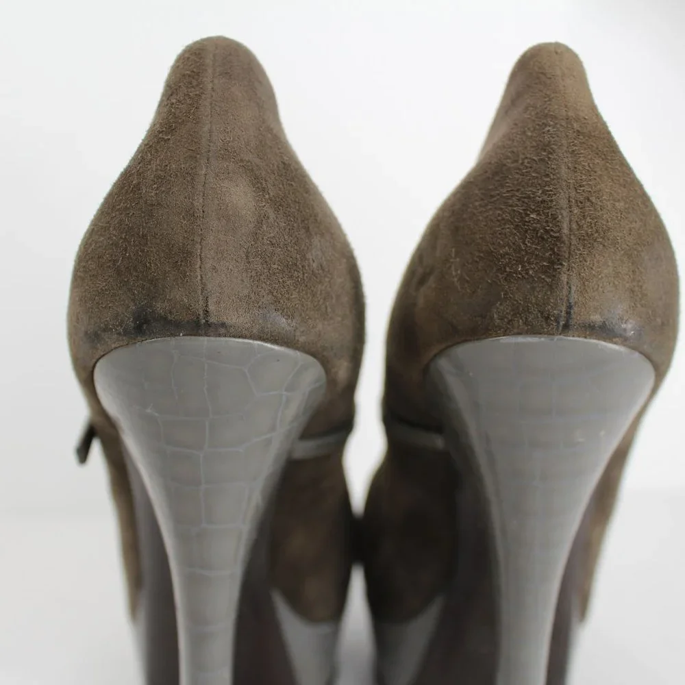 Fendi Olive Suede Croc Platform Pumps Sz 40 Ankle Strap Mary Jane Stiletto Heels